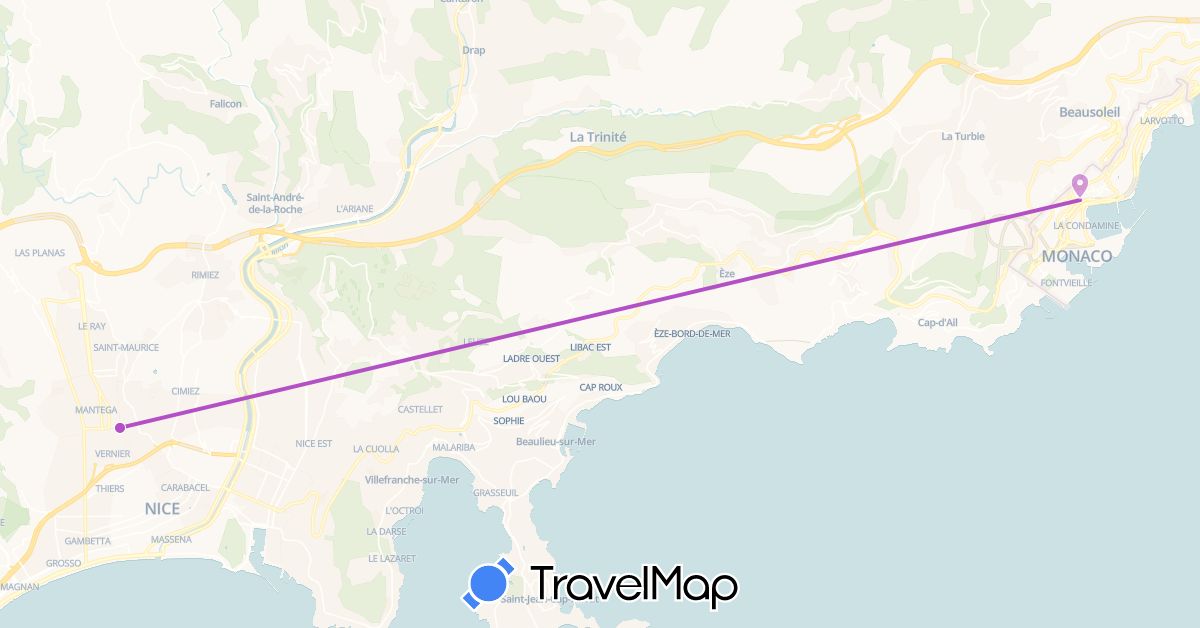 TravelMap itinerary: driving, train in France, Monaco (Europe)